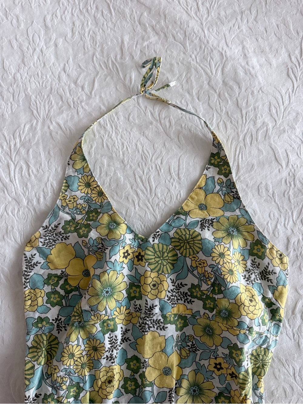 Retro Floral Halter Dress - Yellow & Green